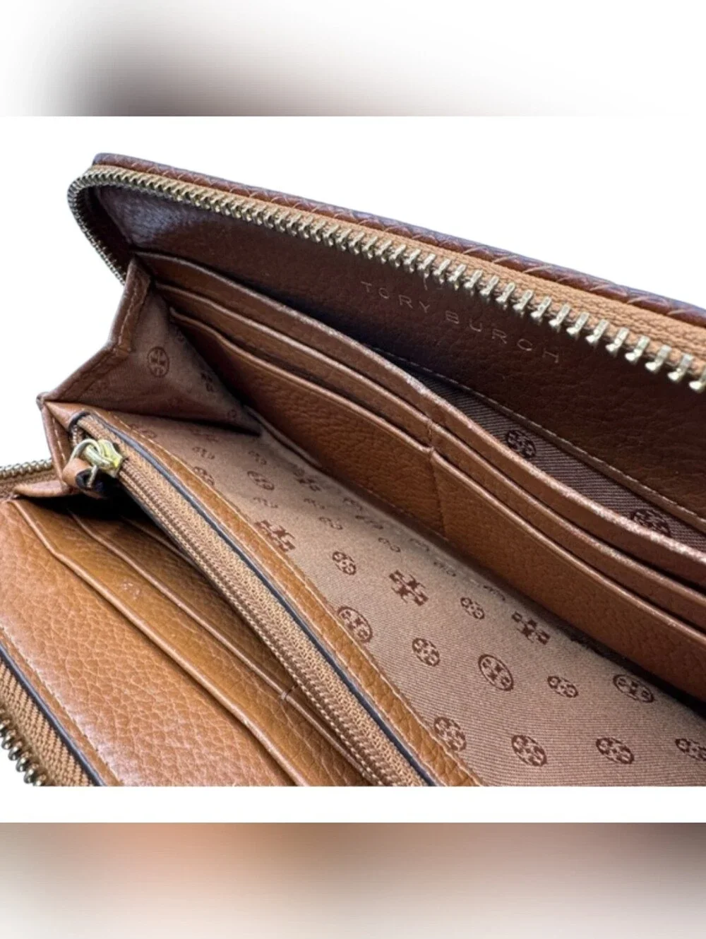 Tory Burch Brown Leather Zip Wallet with Braided Trim And Tassel